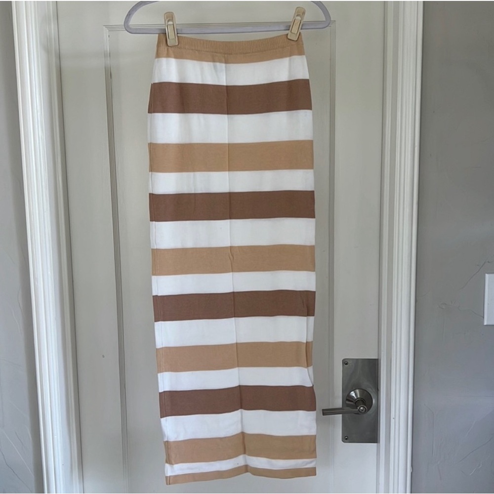 ❌SOLD❌ Sabo Skirt Leti Tan Brown White Long Knit Cotton Maxi Pencil Stripe Skirt - Picture 2 of 10